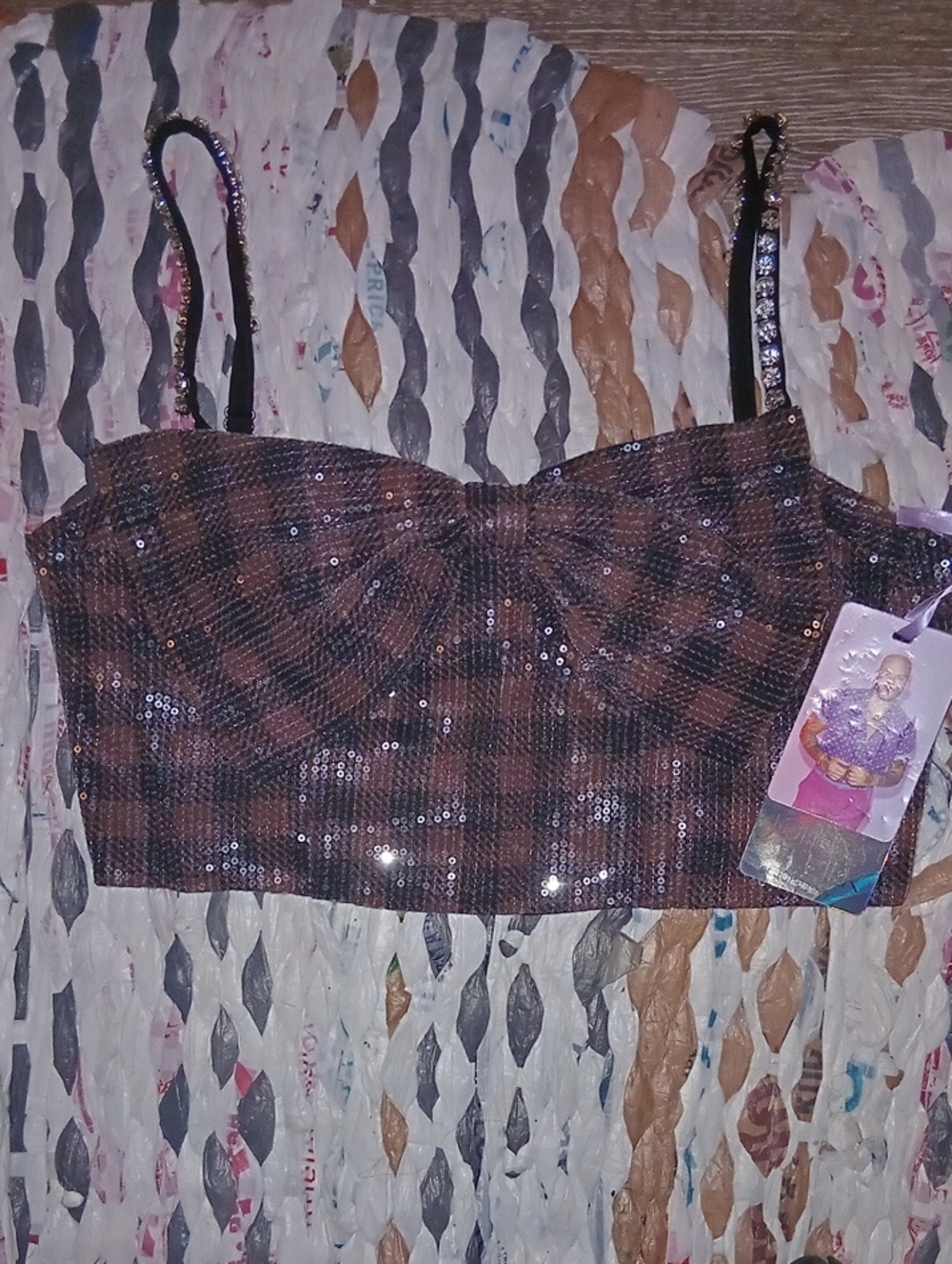 Johnny Wujek Sequin Plaid Cropped Cami Top - Brown/Black Size 7